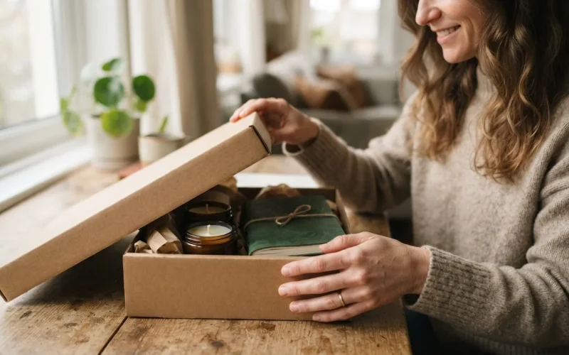 a person opening a box with candles and a journal