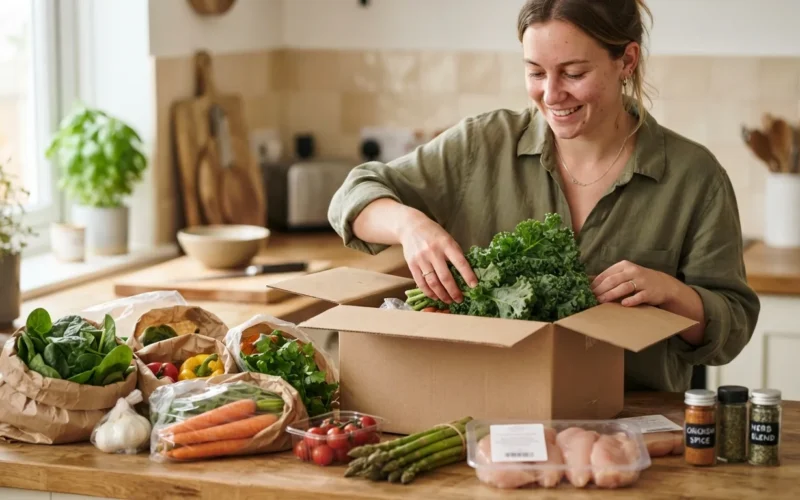a person unpacking a meal kit box with fresh ingredients on a kitchen counter