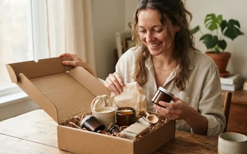 a person opening a subscription box with candles and skincare products