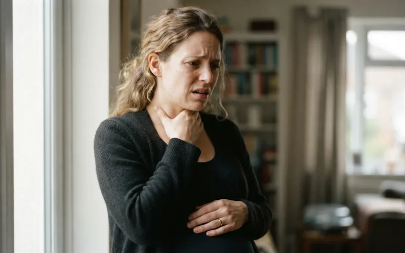 a pregnant woman holding her throat
