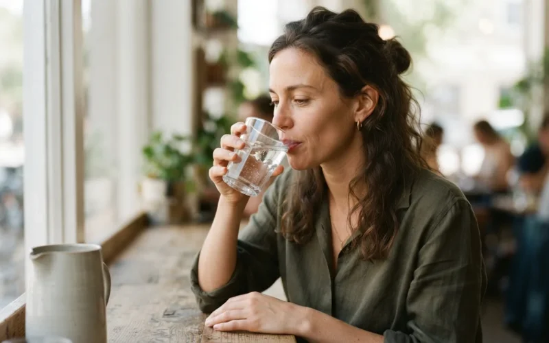 a woman drinking a glass of water