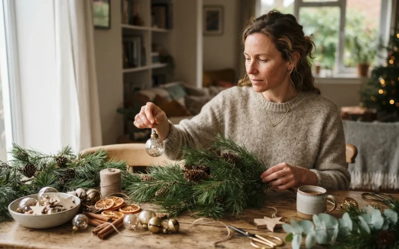 a person arranging pine branches and ornaments on a table