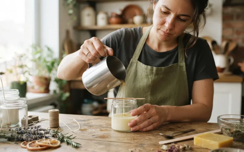 a person pouring melted wax into a glass jar on a kitchen table