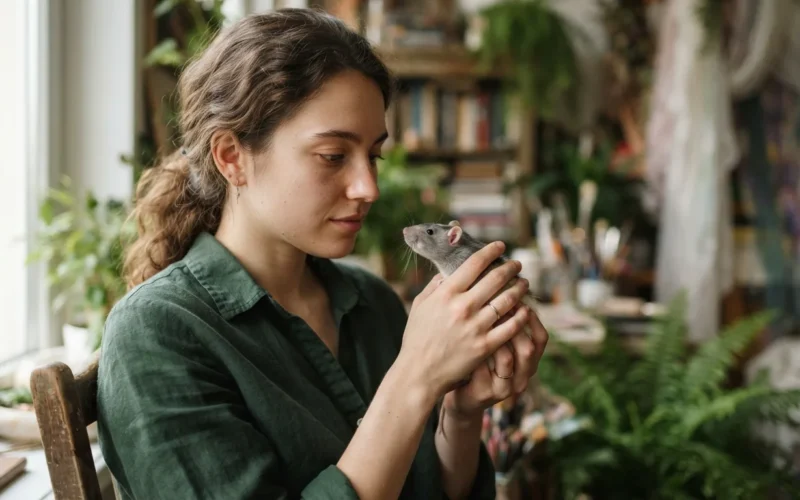 a person looking thoughtfully at a rat in a dreamlike setting
