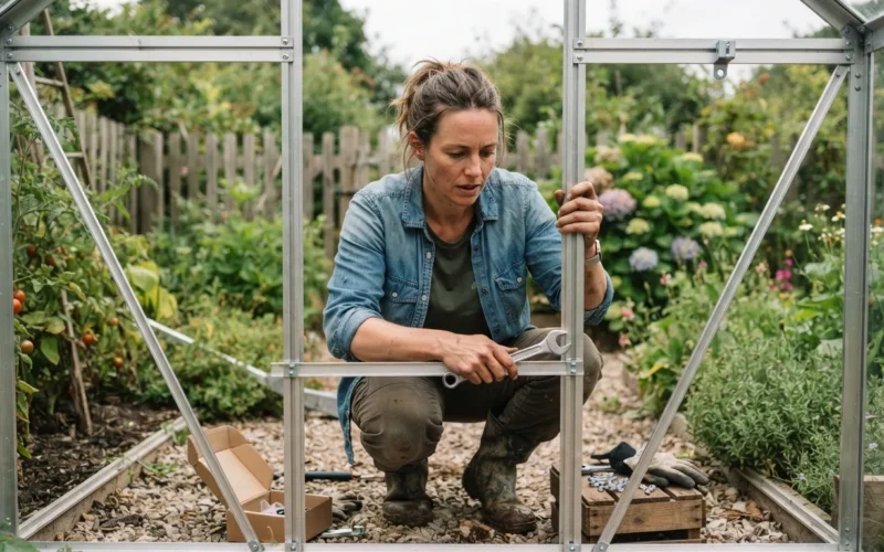 a person assembling a greenhouse frame in a garden