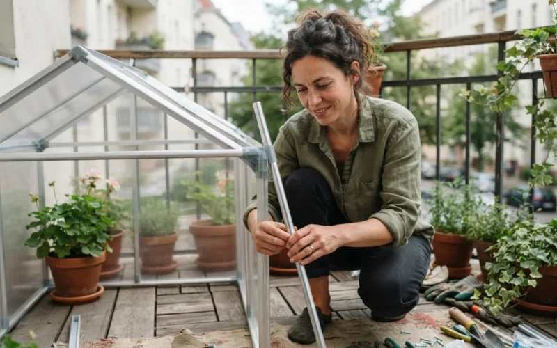 a person assembling a small greenhouse on a balcony