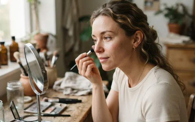 a woman applying makeup to her face