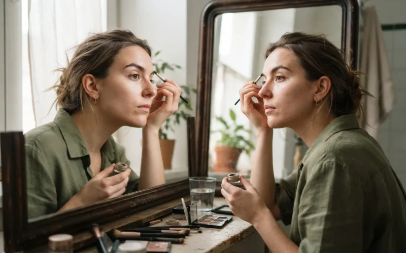 a woman applying eyebrow makeup in front of a mirror