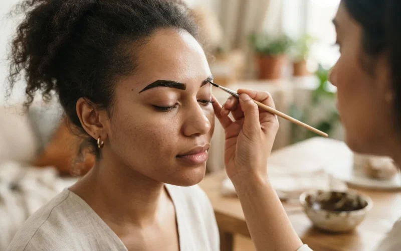 a woman having henna applied to her eyebrows