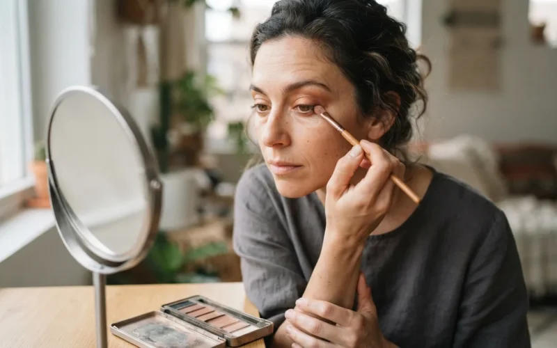 a woman applying eyeshadow
