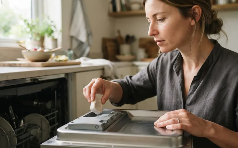 a person placing a homemade tablet into a dishwasher