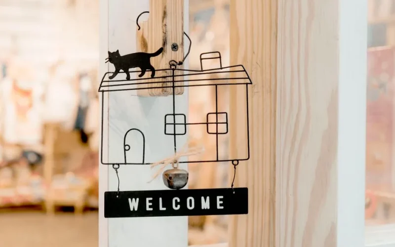 Interior design wooden door decoration featuring a welcome sign with cat silhouette.