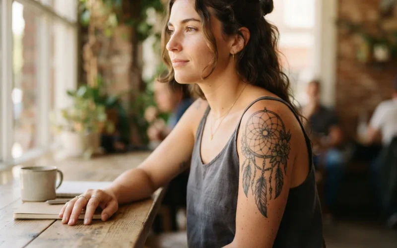 a person with a dreamcatcher tattoo on their arm or shoulder