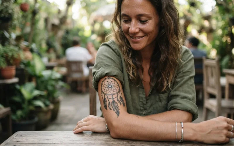a person with a dreamcatcher tattoo on their arm