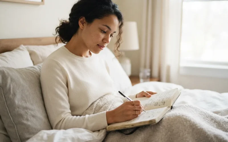a person in bed holding a smartphone or writing in a notebook