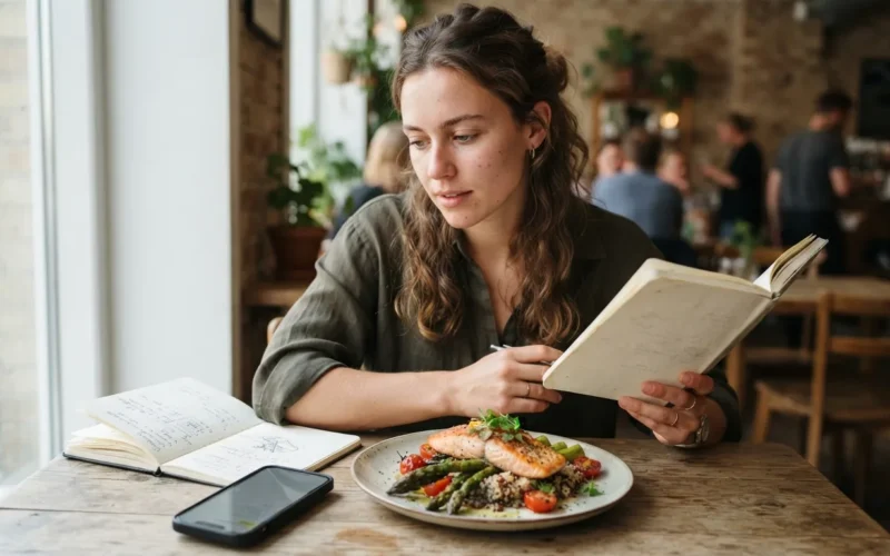 a person looking at a plate of food with a notebook or phone