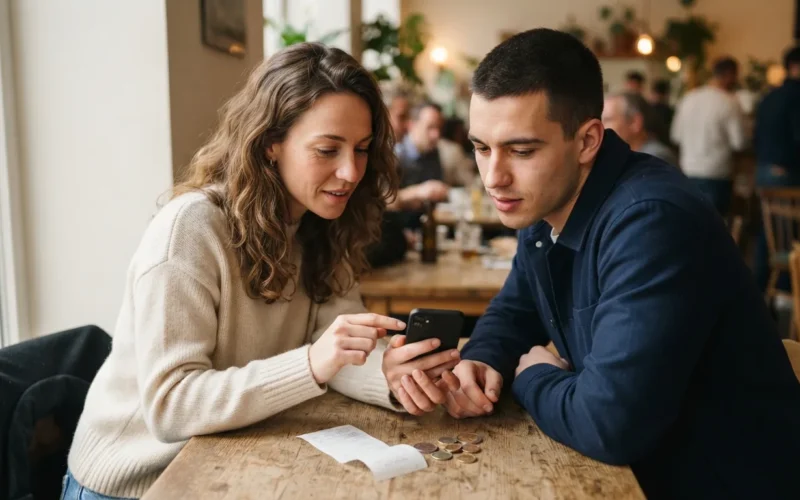 a couple looking at a smartphone with a receipt and coins on a table