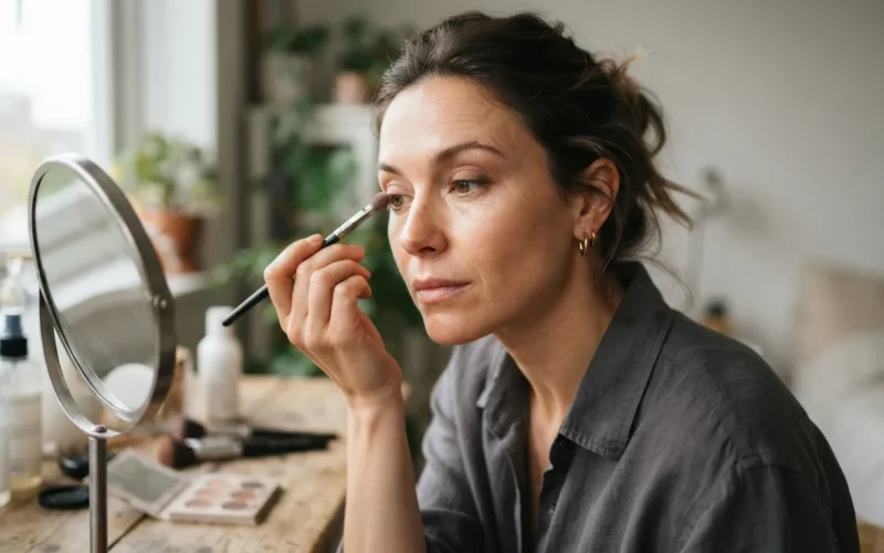 a woman applying eyeshadow with a brush