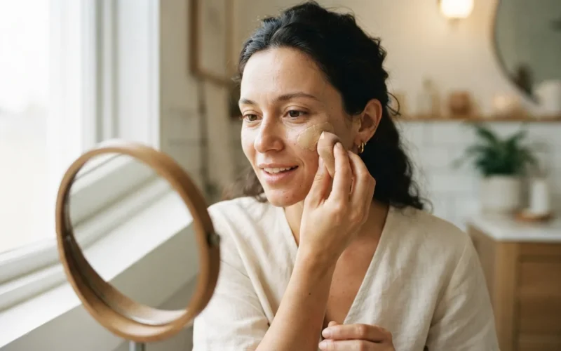 a woman applying foundation to her face