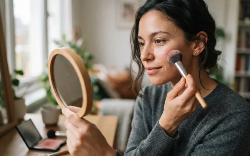 a woman applying blush to her cheeks with a makeup brush