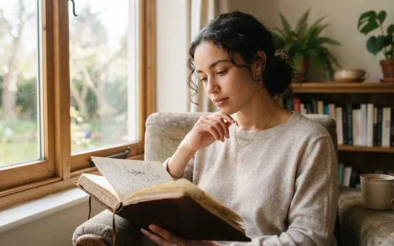 a person reading a book or journal in a calm, sunlit room