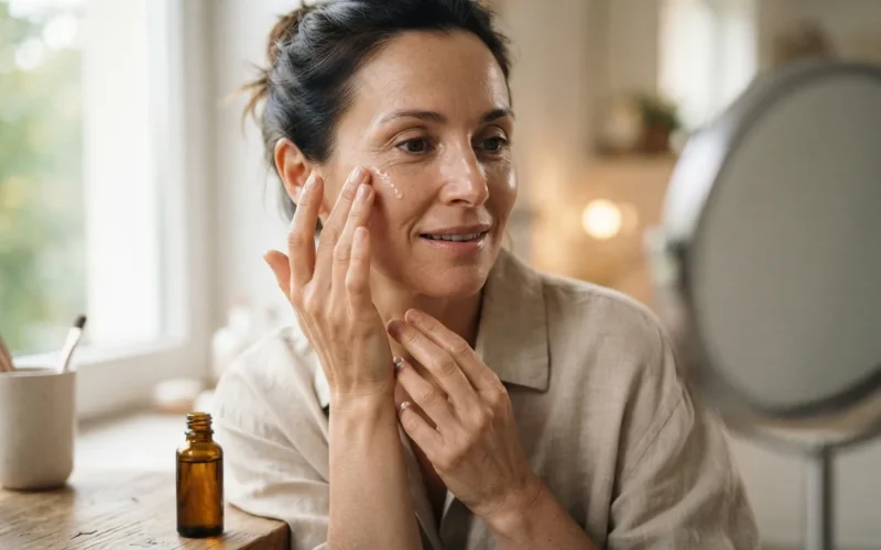 a woman applying a serum to her face