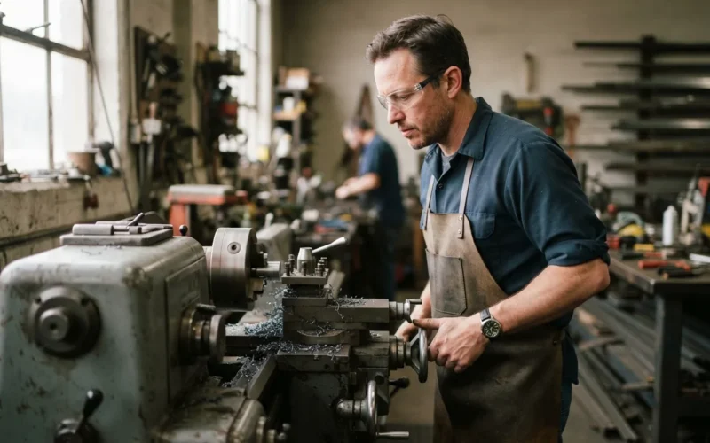 a person working on a metal lathe in a workshop