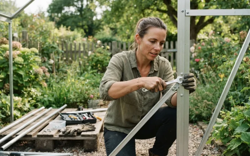 a person assembling a greenhouse frame in a garden