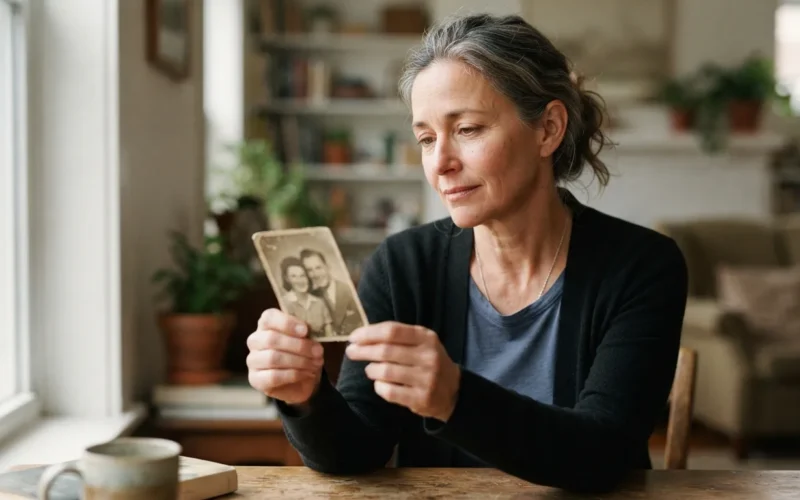 a woman looking thoughtfully at an old photograph