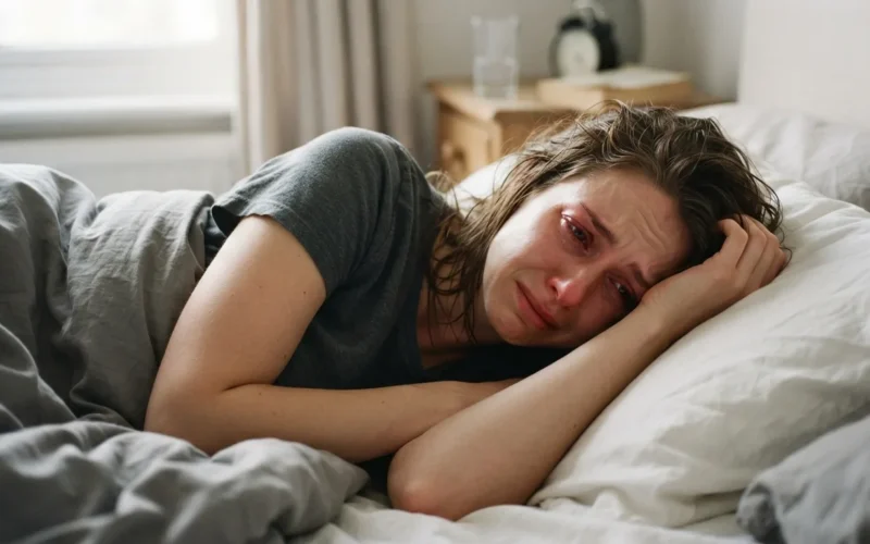 a woman looking distressed while lying in bed