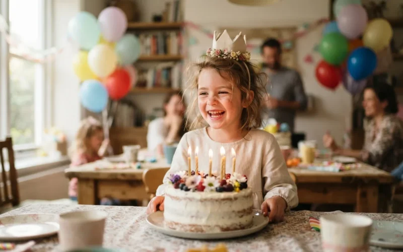 a child celebrating a birthday with a cake and balloons