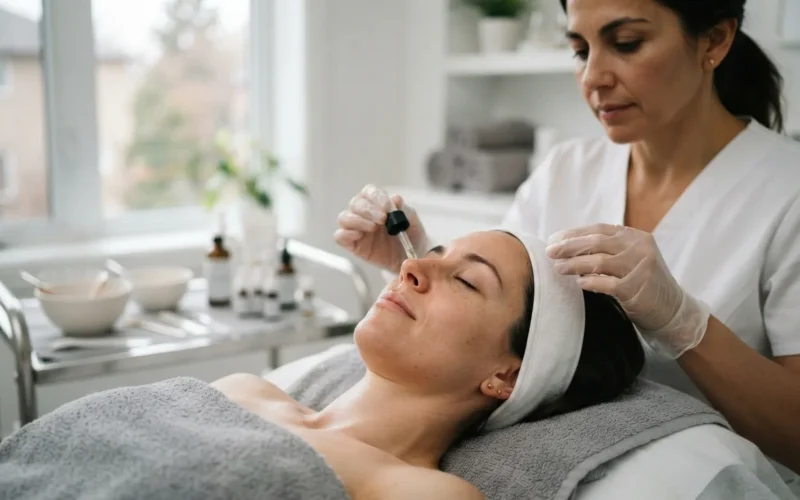 a woman receiving a facial treatment in a clinic