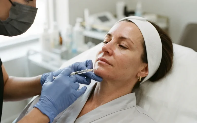 a woman receiving a cosmetic treatment on her chin