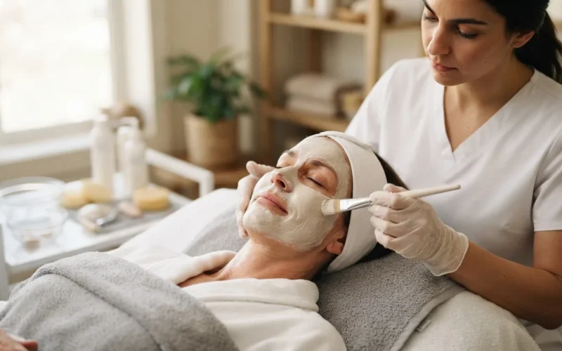 a woman receiving a facial treatment