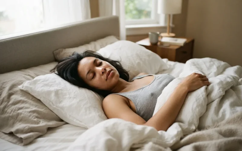 a person sleeping on their back in bed