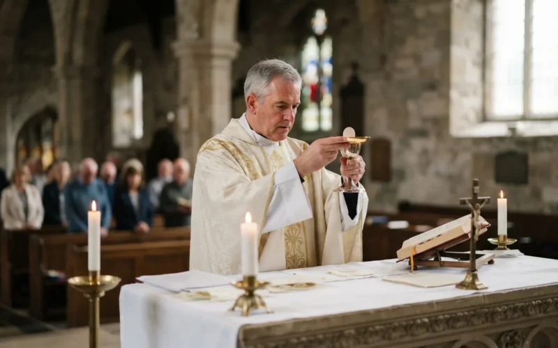 a Catholic priest in white vestments at an altar during a church service