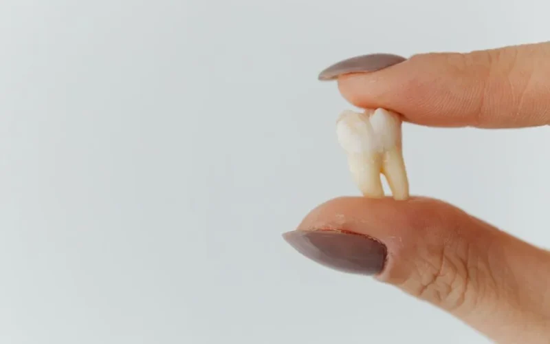 Detailed close-up of fingers holding a loose tooth against a white background.
