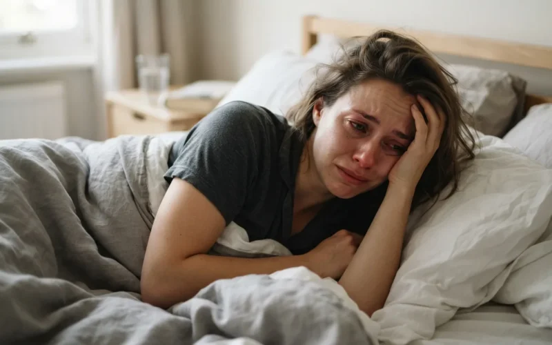a person looking upset in bed