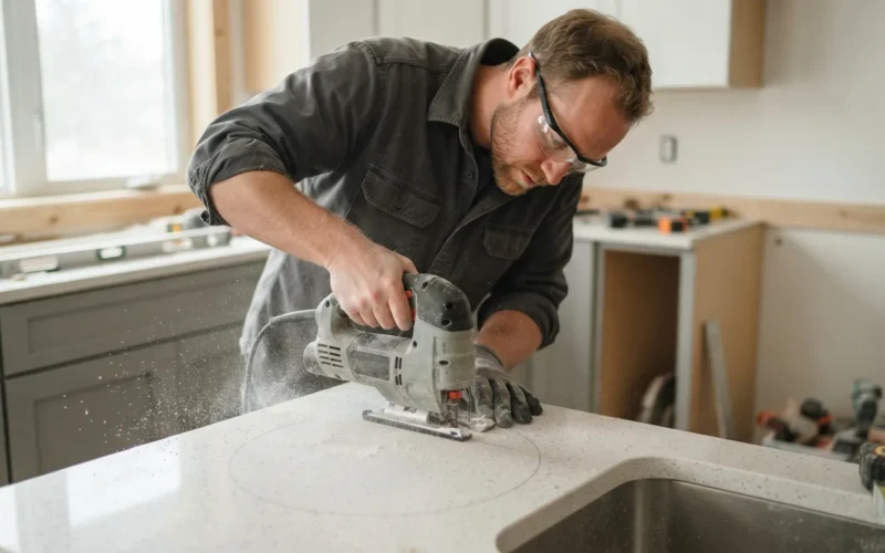 a person cutting a hole in a kitchen countertop with a power tool