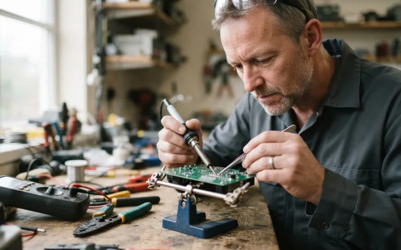 an electrician repairing a circuit board