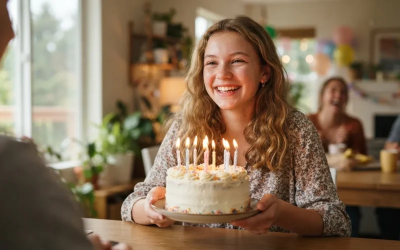 a smiling teenage girl with a birthday cake