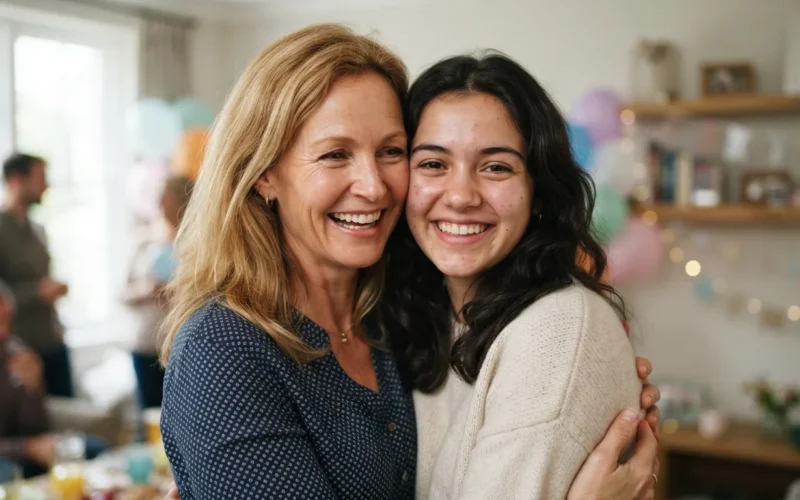 a woman and a young adult smiling together at a birthday party