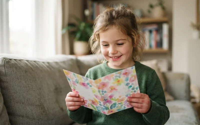 a child holding a colorful greeting card