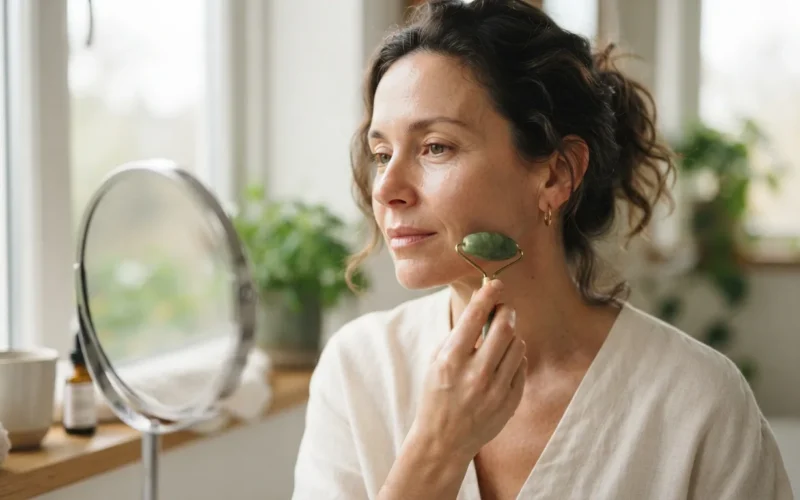 a woman using a facial roller on her face