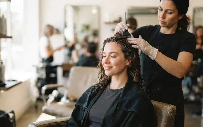 a woman having her hair treated in a salon