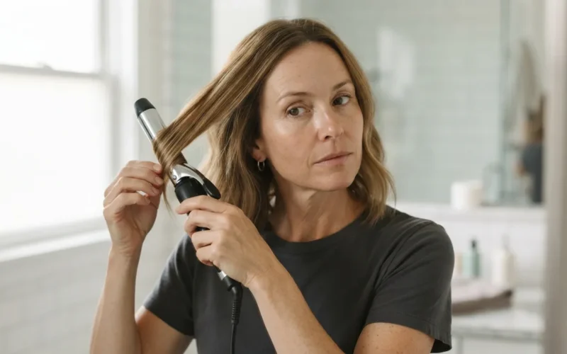 a woman curling her hair with a styling iron