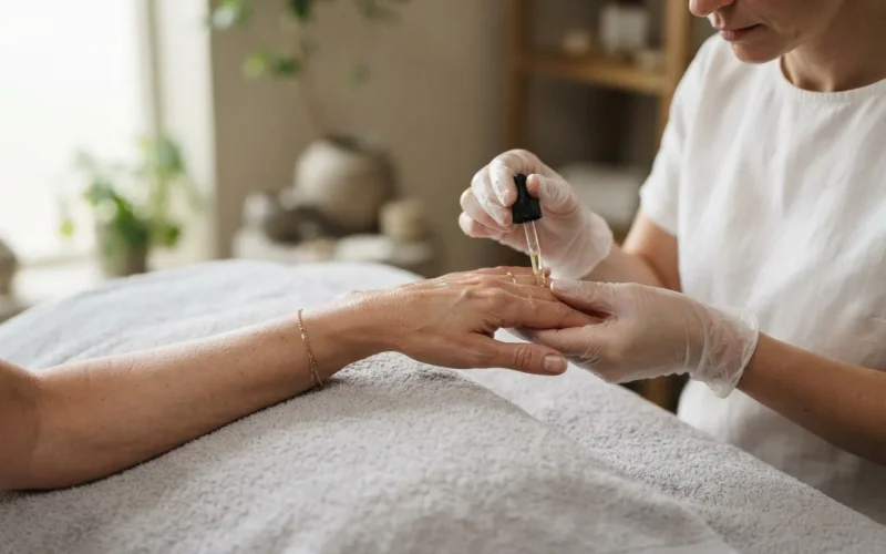 a woman having a cosmetic treatment on her hands