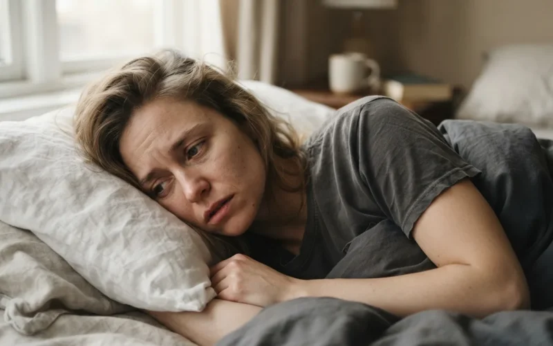 a person lying in bed with a troubled expression