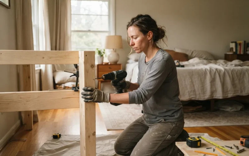 a person building a wooden headboard in a bedroom
