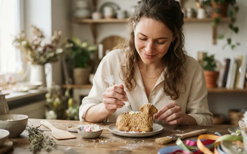 a person decorating an Easter lamb craft